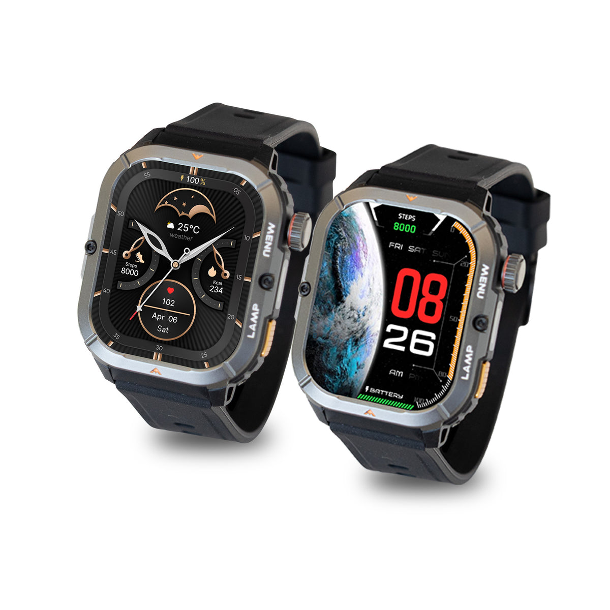 AGM Legion 3 | Smartwatch | AMOLED-Display | 500-mAh-Akku | Bluetooth-Telefonie | Herzfrequenzmesser | 5ATM wasserdicht | LED-Taschenlampe | Eckige robuste Sportuhr