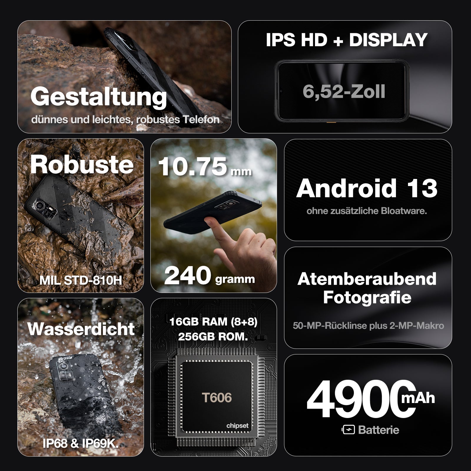 AGM H6 | Ultradünn | Robust | 6,56-Zoll-Display mit 90 Hz | 8 GB RAM + 8 GB Virtueller Erweiterter RAM + 256 GB ROM | Android 13