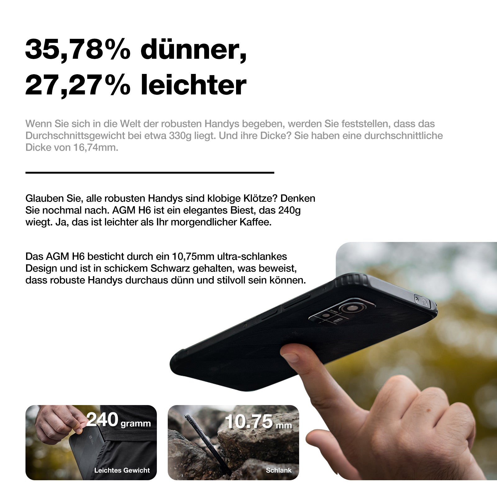 AGM H6 | Ultradünn | Robust | 6,56-Zoll-Display mit 90 Hz | 8 GB RAM + 8 GB Virtueller Erweiterter RAM + 256 GB ROM | Android 13