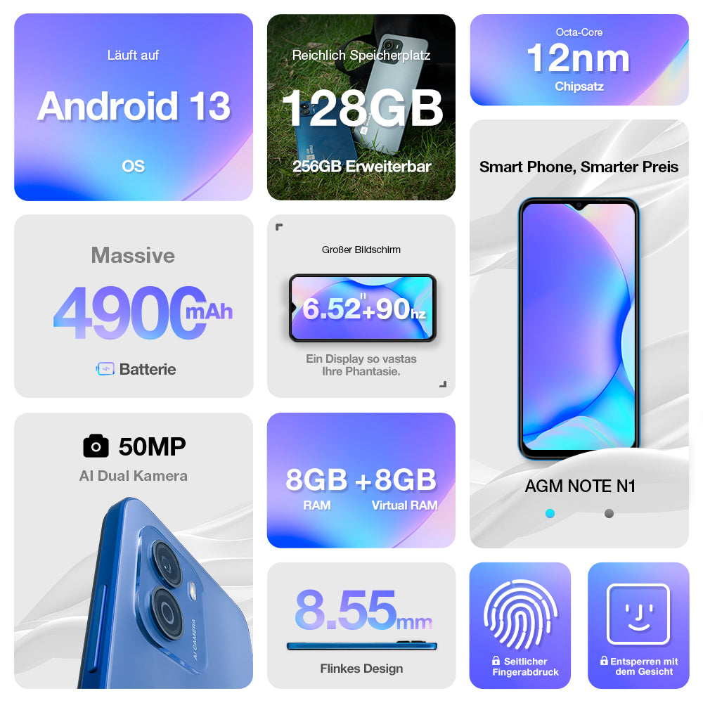 AGM NOTE N1 | 50MP AI Dual Kamera | 90Hz Display | Android 13 | Großer Akku | 8GB RAM +128GB ROM