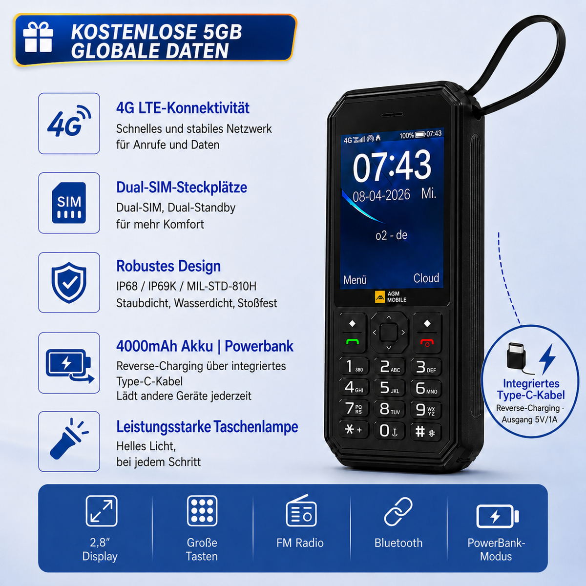 AGM M11 | 4G-MiFi-Telefon|Tragbarer WLAN-Hotspot|4000-mAh-Akku|IP68/IP69K wasserdicht|Kabelgebundenes Reverse Charging|FM-Radio|3,5-mm-Klinkenanschluss