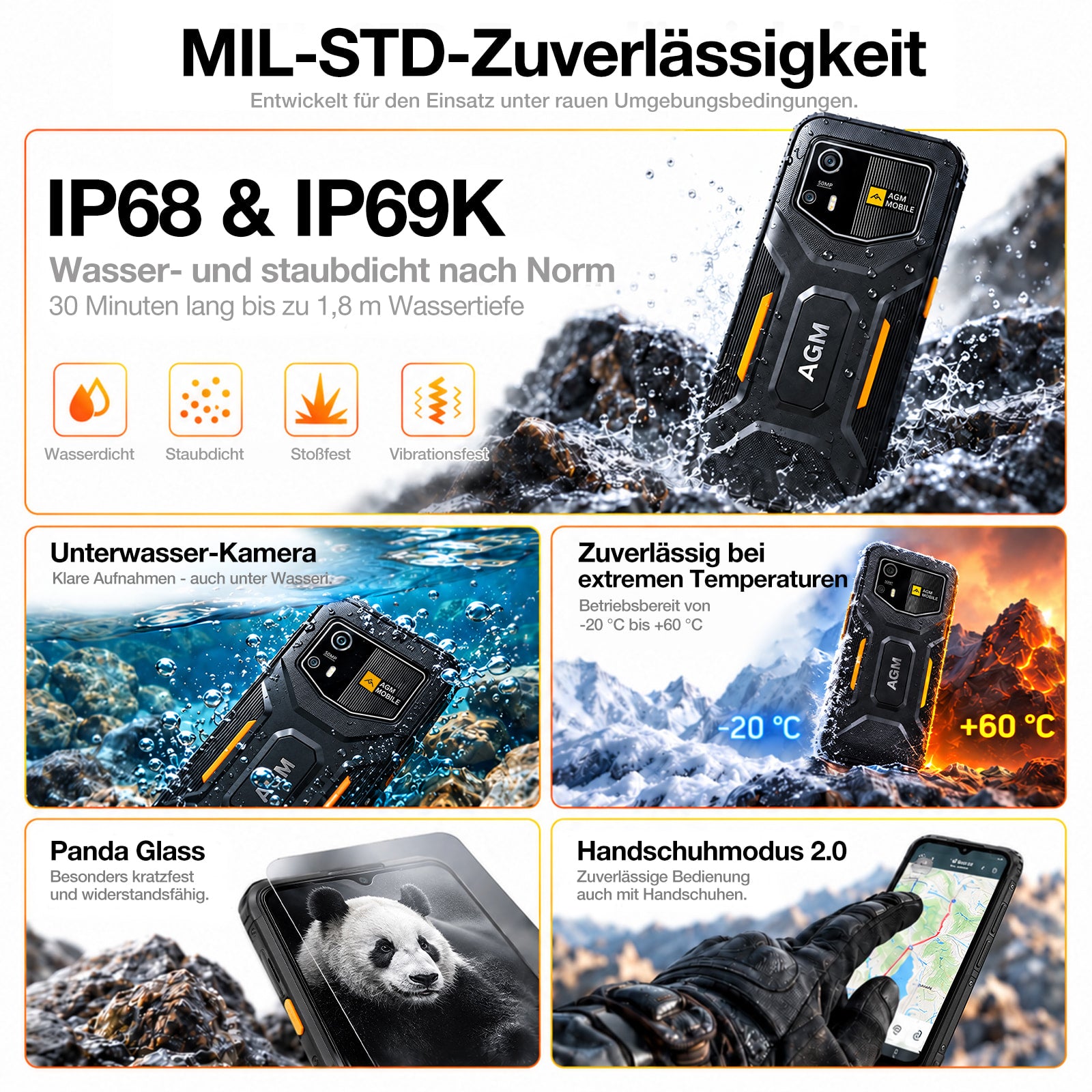 Vorbestellung | AGM H6 Pro | Schlankes Outdoor-Smartphone | 6,56-Zoll-HD+-Display | 50-MP-Kamera | 5.000-mAh-Akku | IP68/IP69K | Android 16 | NFC