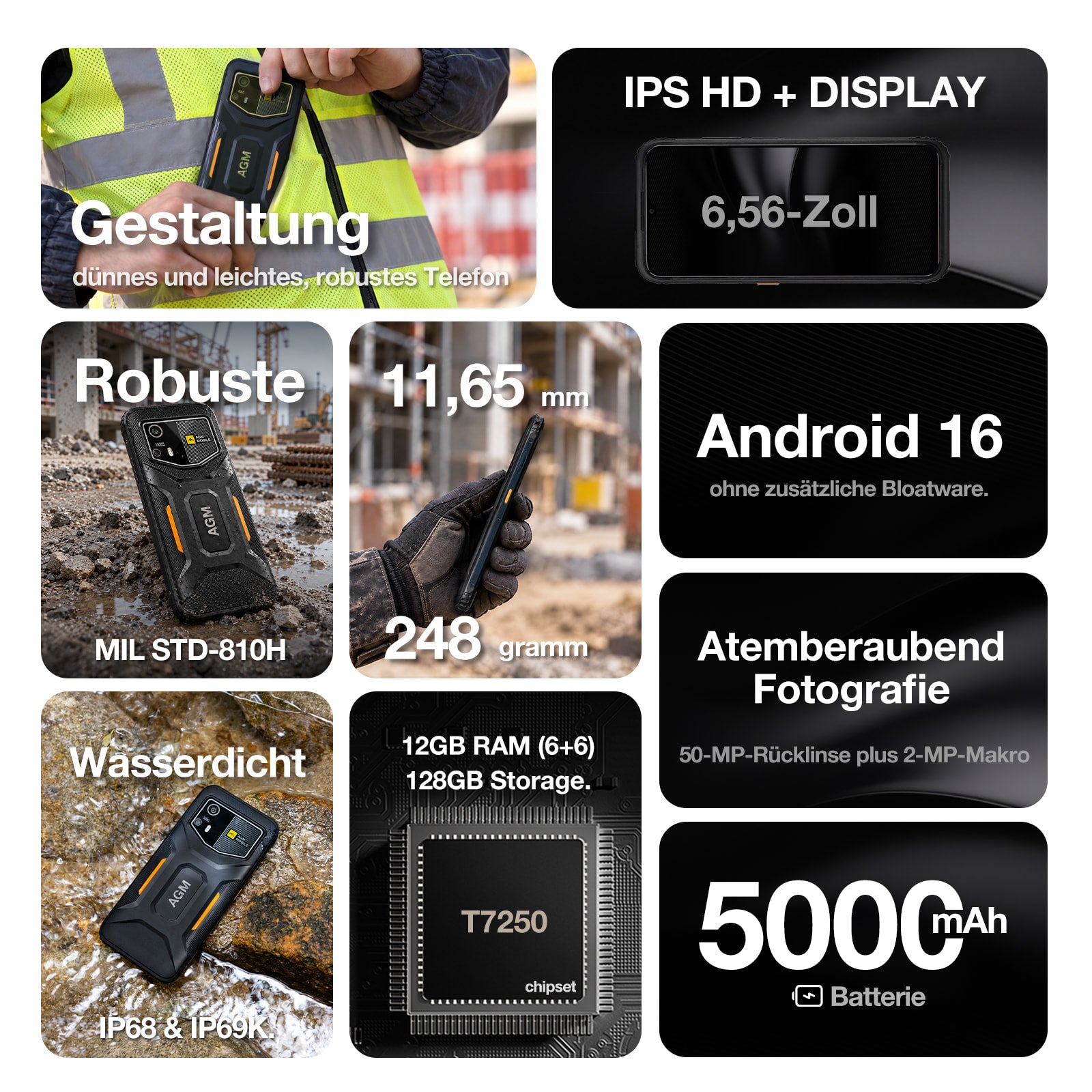 Vorbestellung | AGM H6 Pro | Schlankes Outdoor-Smartphone | 6,56-Zoll-HD+-Display | 50-MP-Kamera | 5.000-mAh-Akku | IP68/IP69K | Android 16 | NFC