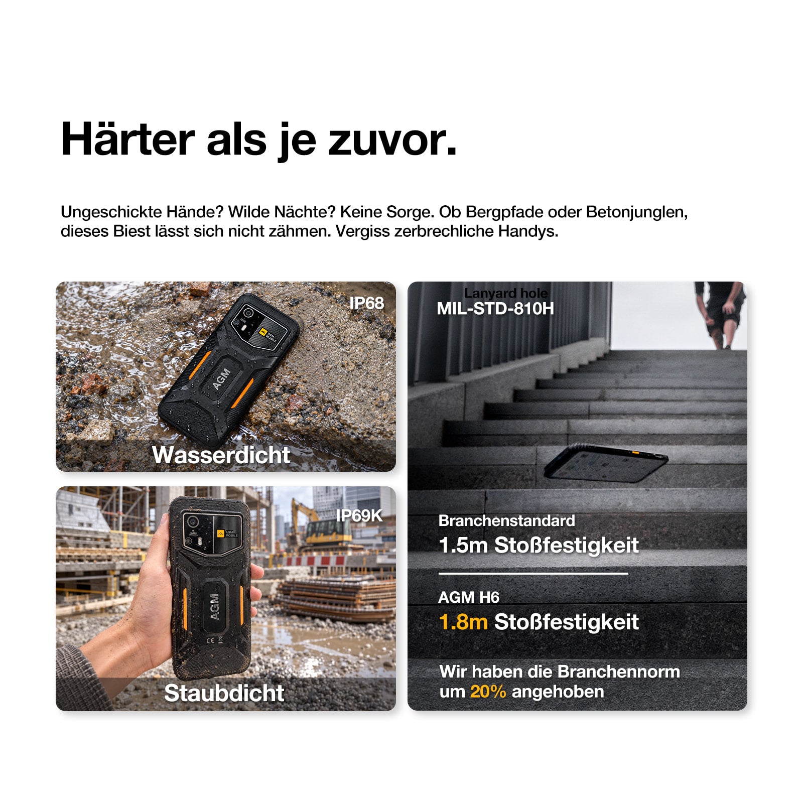 Vorbestellung | AGM H6 Pro | Schlankes Outdoor-Smartphone | 6,56-Zoll-HD+-Display | 50-MP-Kamera | 5.000-mAh-Akku | IP68/IP69K | Android 16 | NFC