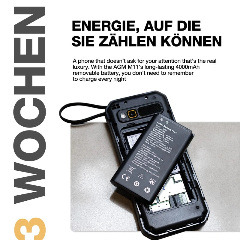 Vorbestellung | AGM M11 | Robuster Powerbank-Phone | Kabelgebundene Rückwärtsaufladung | 4G LTE | 4000-mAh-Akku | WLAN-Hotspot | UKW-Radio | 3,5-mm-Klinkenanschluss | IP68 & IP69K | Wassergeschützt