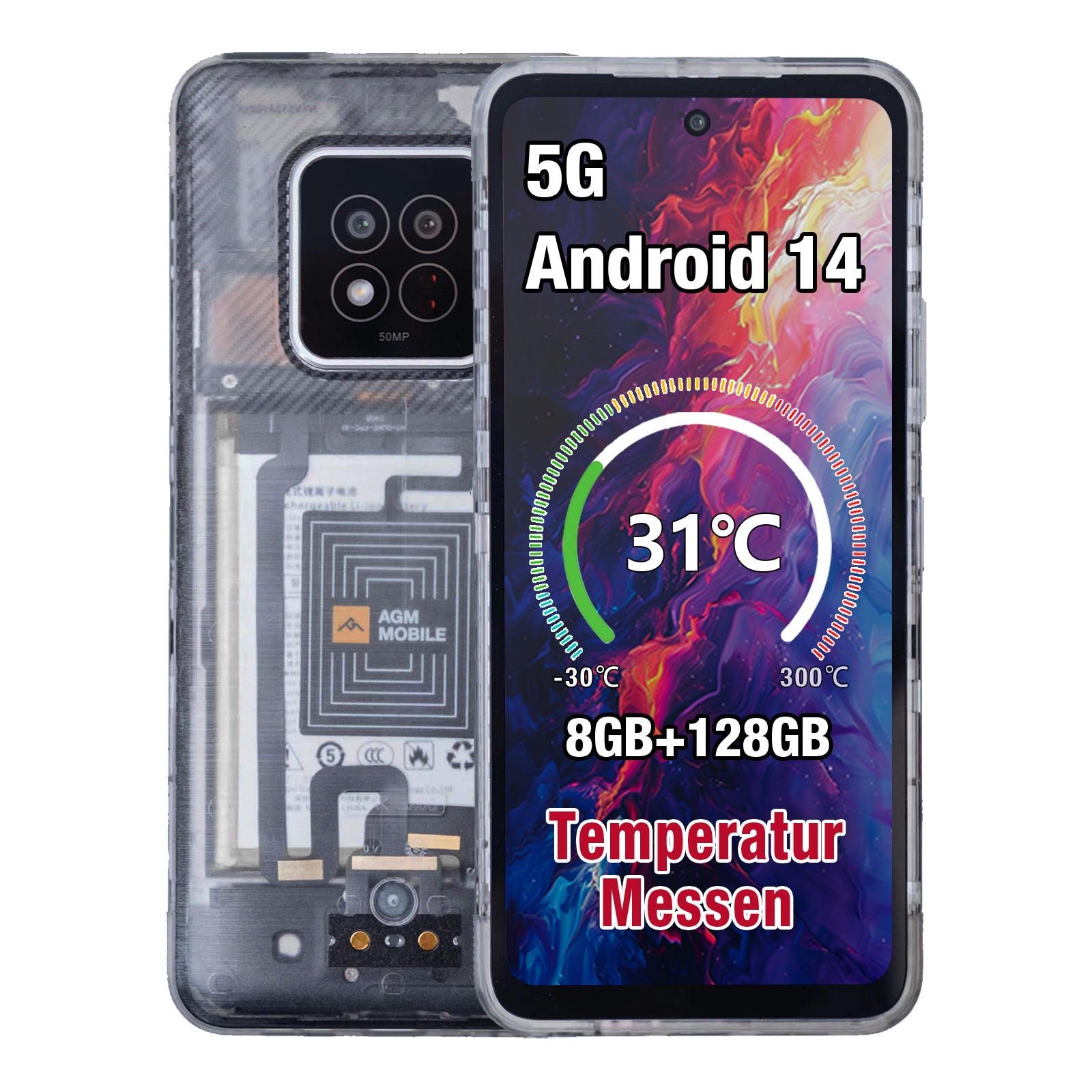 AGM X6 Phantom | Transparentes Aussehen | Stilvoll | Octa-Core 5G Robustes Smartphone | Mehrszenen-Temperaturerkennung | Anpassbare Seitentaste | 50MP Hauptkamera | Android 14