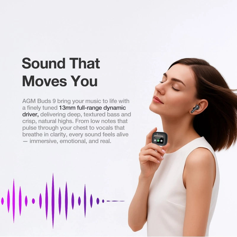 AGM Buds 9 | Touch-fähiges Display-Etui | 13mm Vollbereich-Sound | -25dB ANC | IPX4 Spritzwasserschutz