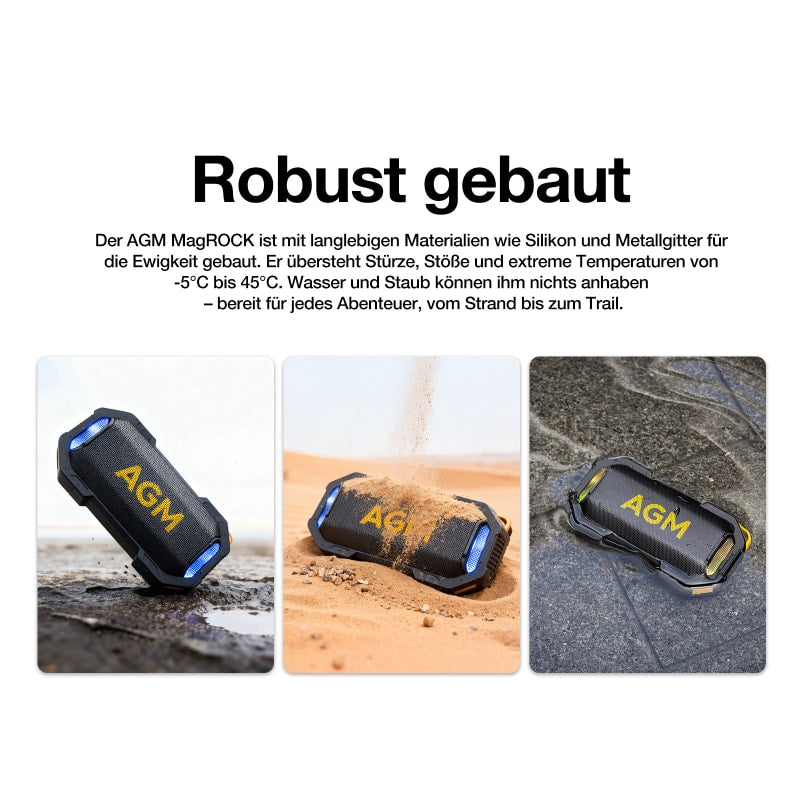 AGM MAG ROCK | Magnetischer Bluetooth-Lautsprecher | IPX7 Wassergeschützt | Schwimmfähig | 8W Kraftvoller Sound | RGB Partylichter