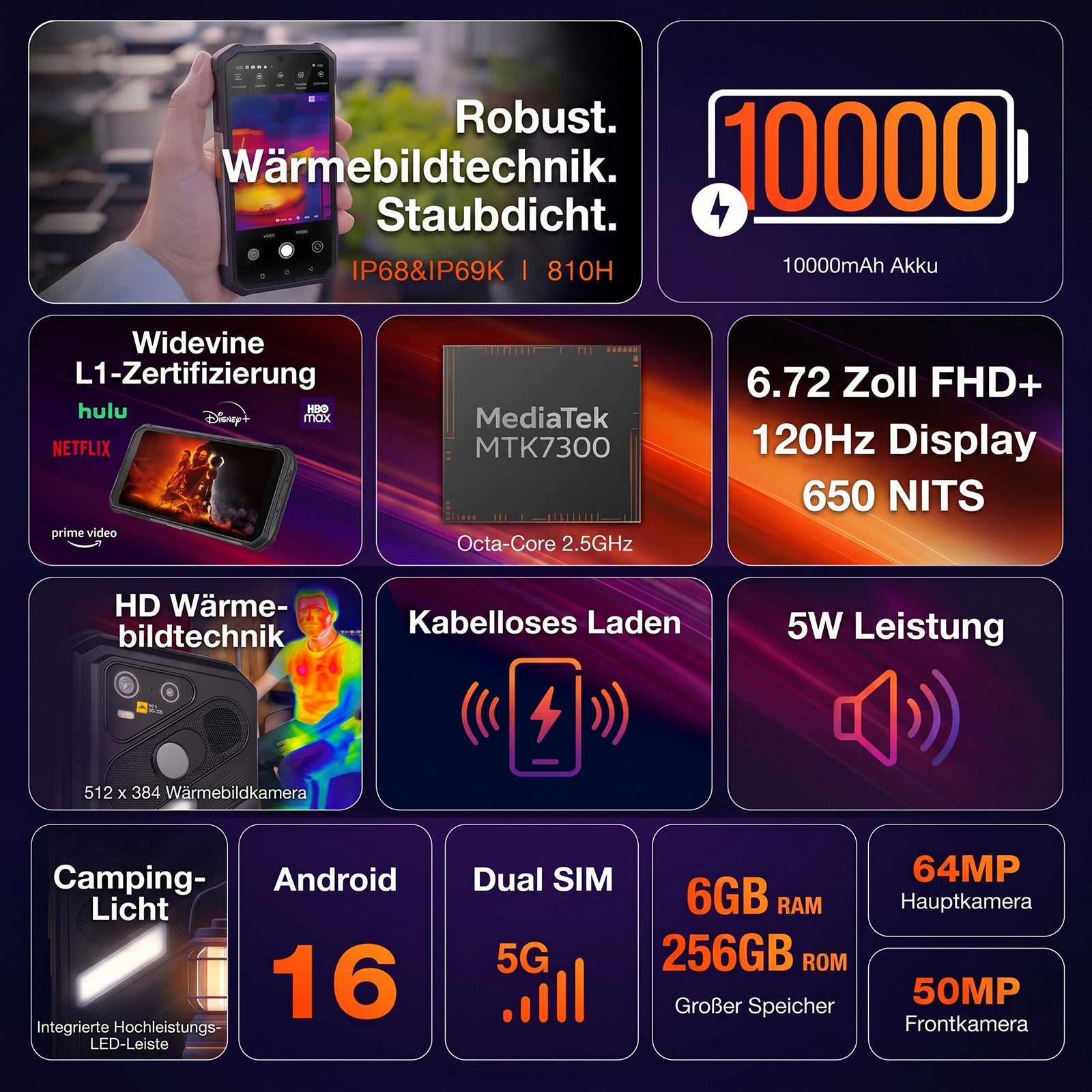 Vorbestellung | AGM X7 Pro | Robustes Smartphone mit Wärmebildkamera | 512 × 384 Pixel Wärmebildauflösung | 6 GB + 256 GB | 10000-mAh-Akku | IP68/IP69K | Kabelloses Laden | Android 16 | eSIM