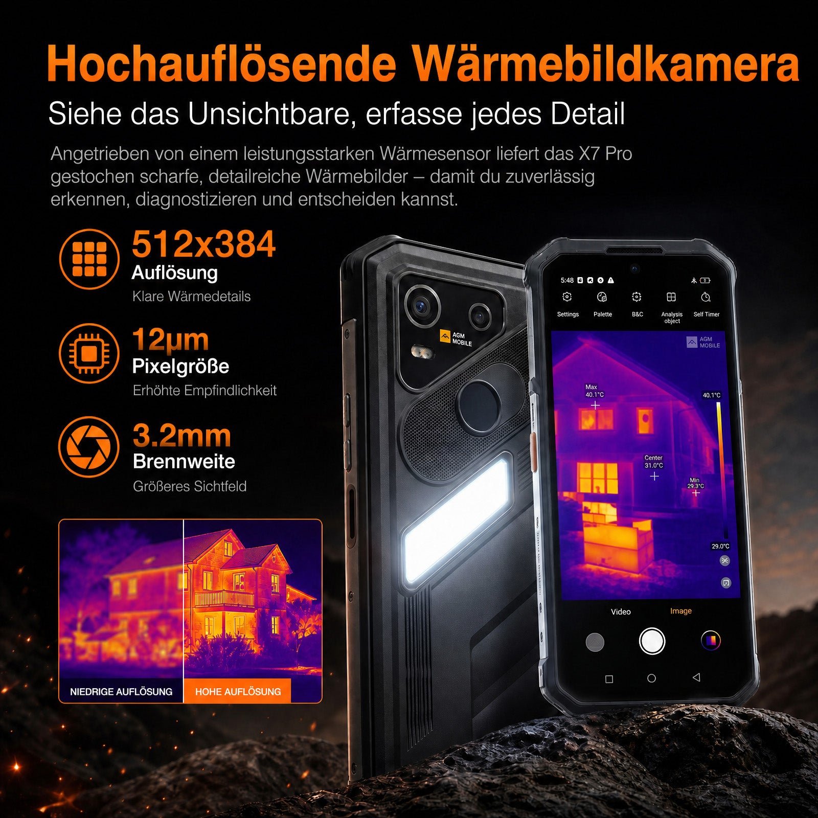 Vorbestellung | AGM X7 Pro | Robustes Smartphone mit Wärmebildkamera | 512 × 384 Pixel Wärmebildauflösung | 6 GB + 256 GB | 10000-mAh-Akku | IP68/IP69K | Kabelloses Laden | Android 16 | eSIM