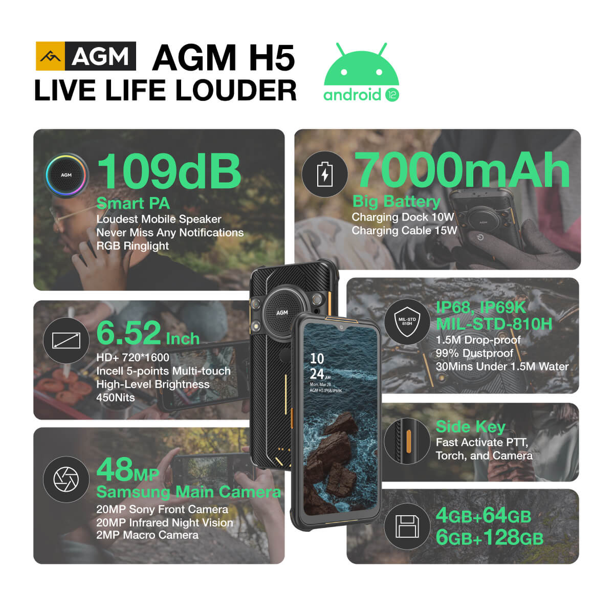 AGM H5 | Android 12 | Robustes Handy | 109dB Der weltweit lauteste mobile Lautsprecher